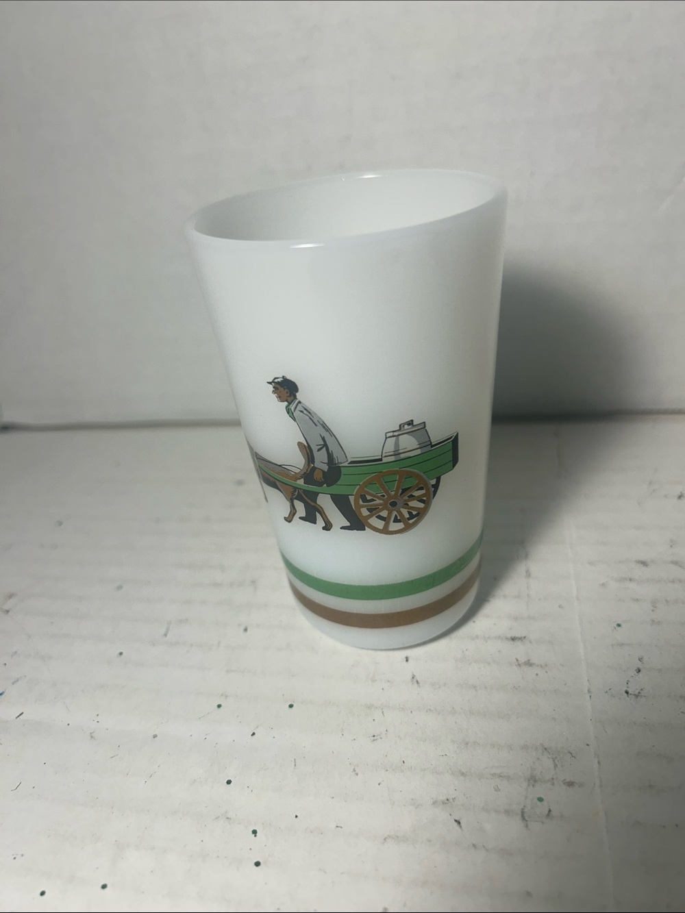 Milk Glass White Tumbler with Green & Brown Cart Illustration
